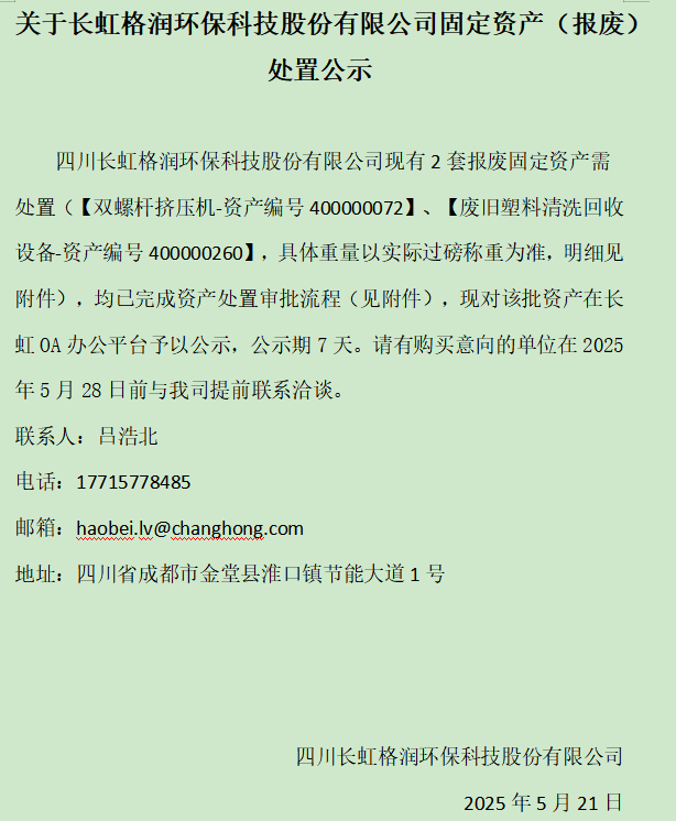 關于長虹格潤環(huán)?？萍脊煞萦邢薰竟潭ㄙY產（報廢）處置公示